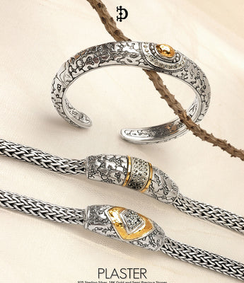 Plaster texture silver jewelry collection featuring organic rustic-modern textured surface designs