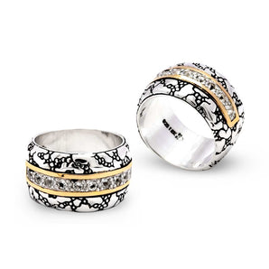 Gold & Silver Band Ring, Plaster Motif White Topaz Pave