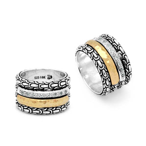 Gold & Silver Band Ring, Sisik Naga Motif White Topaz