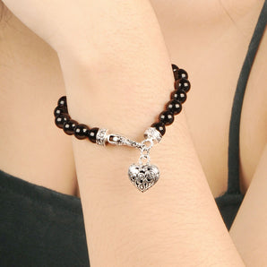 Gold & Silver Bead Bracelet, Onyx 8 mm, Bali Lobster Clasp, Heart Charm