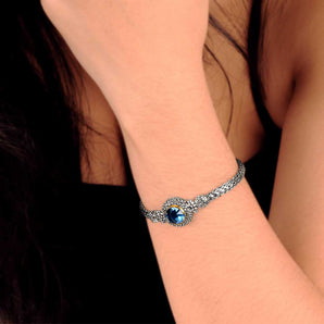 Gold & Silver Bracelet Bali Motif, Cushion Jawan, Blue Quartz Round, 18K Gold Bezel