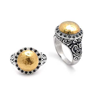 Gold & Silver Ring, Bali Carved Black Sapphire Pave