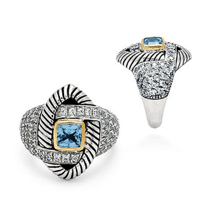 Gold & Silver Ring, Cable Shank 6mm Blue Quartz CZ Pave
