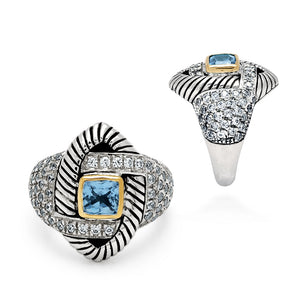 Gold & Silver Ring, Cable Shank 6mm Blue Quartz CZ Pave