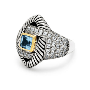 Gold & Silver Ring, Cable Shank 6mm Blue Quartz CZ Pave