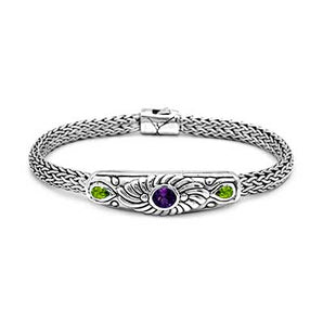 Silver Bracelet Amethyst Peridot Handmade Bali Motif Spring Lock - Deni Jewelry