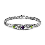 Silver Bracelet Amethyst Peridot Handmade Bali Motif Spring Lock - Deni Jewelry