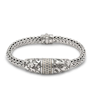 Silver Bracelet Chain Oval, 5x7 mm, Plaster Motif, White Topaz Pave - Deni Jewelry