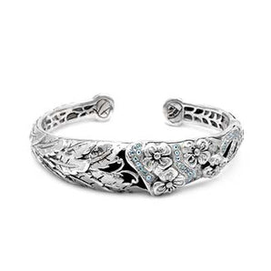 Silver Gold Kick Cuff Blue Topaz Flower Motif - Deni Jewelry