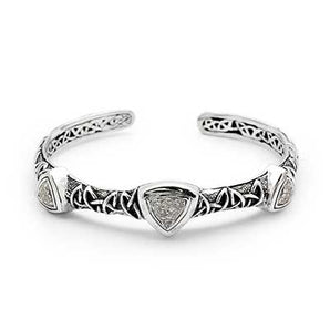 Silver Cuff Bangle White Zircon Pave Oval Shape Celtic Motif - Deni Jewelry