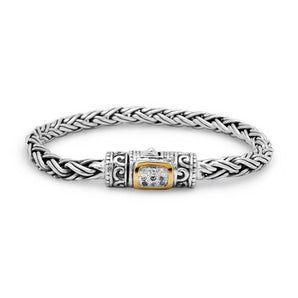 Gold & Silver Bracelet Braided Wheat, Round 5 mm, White Topaz, Spring Lock, Gold Bezel