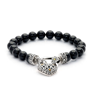 Gold & Silver Bead Bracelet, Onyx 8 mm, Bali Lobster Clasp, Heart Charm