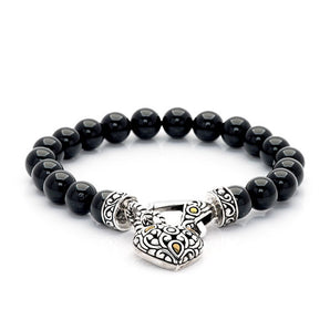 Gold & Silver Bead Bracelet, Onyx 8 mm, Bali Lobster Clasp, Heart Charm - Deni Jewelry