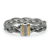 Gold & Silver Bracelet Dragon Bone, Oval 3x5mm Braided, Gold Hammer, White Topaz Pave - Deni Jewelry