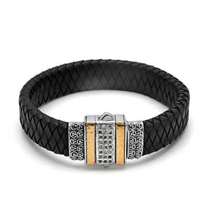 Gold Silver Bracelet Black Leather, Spring Lock, 18K Gold Hammer, White Topaz Pave - Deni Jewelry