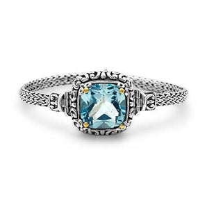 Gold Silver Bracelet, Bali Motif, Blue Topaz Sky Cushion 15mm - Deni Jewelry