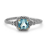 Gold Silver Bracelet, Bali Motif, Blue Topaz Sky Cushion 15mm - Deni Jewelry