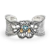 Gold Silver Cuff, Kebaya Motif, 18K Gold Hammer, Blue Topaz Heartshape - Deni Jewelry