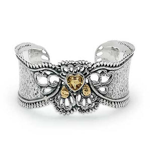 Gold Silver Cuff, Kebaya Motif, 18K Gold Hammer, Citrine Heartshape - Deni Jewelry