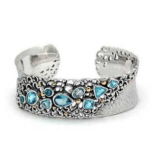 Gold Silver Cuff, 18K Gold Hammer, Blue Topaz, Kebaya Collection - Deni Jewelry
