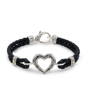 Gold & Silver Bracelet Black Leather, Heart Center - Deni Jewelry
