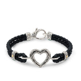 Gold & Silver Bracelet Black Leather, Heart Center - Deni Jewelry
