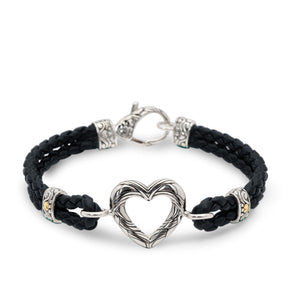 Gold & Silver Bracelet Black Leather, Heart Center