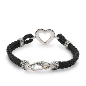 Gold & Silver Bracelet Black Leather, Heart Center