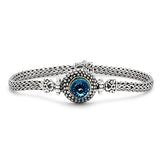 Gold & Silver Bracelet Bali Motif, Cushion Jawan, Blue Quartz Round, 18K Gold Bezel - Deni Jewelry