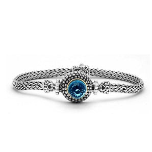 Gold & Silver Bracelet Bali Motif, Cushion Jawan, Blue Quartz Round, 18K Gold Bezel