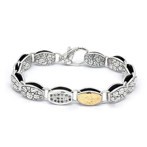 Gold & Silver Link Bracelet, Crocodile Motif, 18K Gold Hammer, White Topaz Pave - Deni Jewelry