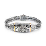 Gold & Silver Link Bracelet Crocodile, 18K Gold Hammer, White Topaz Pave - Deni Jewelry