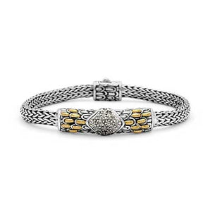 Gold & Silver Bracelet Sisik Naga, Tulang Naga Chain 4x6, White Topaz Pave - Deni Jewelry