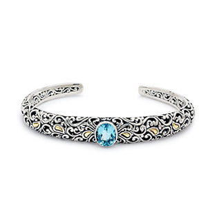 Gold Silver Kick Cuff Bracelet Blue Topaz Sky Oval Balinese Motif - Deni Jewelry
