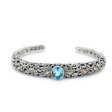 Gold Silver Kick Cuff Bracelet Blue Topaz Sky Oval Balinese Motif - Deni Jewelry