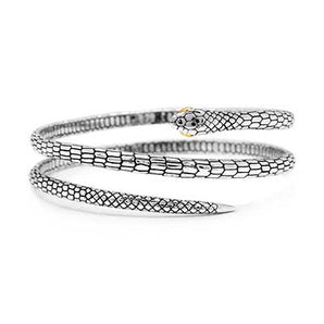 Silver Gold Coil Snake Bangle Black Mamba Snake Motif Gold Eyes - Deni Jewelry