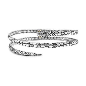 Silver Gold Coil Snake Bangle Emerald Eyes Black Mamba Motif - Deni Jewelry
