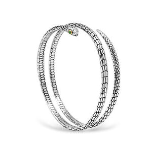 Silver Coil Snake Bangle, Gold & Peridot Eyes, Black Mamba Motif - Deni Jewelry