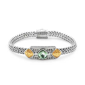 Gold & Silver Bracelet Green Amethyst, Cushion 8mm, White Topaz Pave - Deni Jewelry