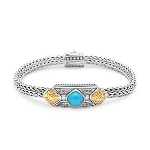 Gold & Silver Bracelet Turquoise Crystal, Cushion 8mm, White Topaz Pave - Deni Jewelry