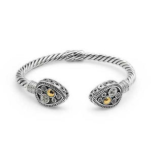Silver & Gold Cable Cuff Bracelet, Circle Motif, White Topaz Pave - Deni Jewelry