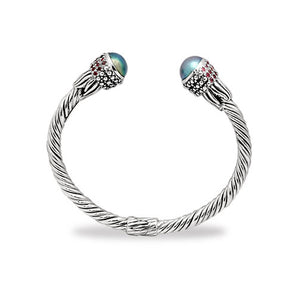 Gold & Silver Cable Bangle Blue Mabe, Pink Topaz Pave - Deni Jewelry