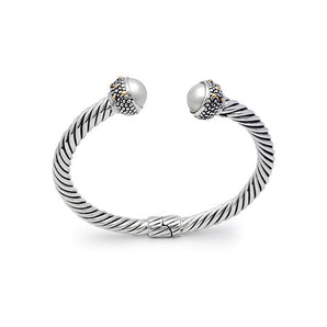 Gold & Silver Cable Cuff Mabe Pearl, Round 10, 18K Gold Hammer - Deni Jewelry