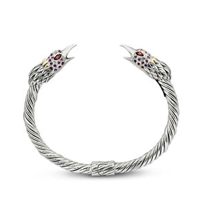 Gold & Silver Cable Bangle Bird Head, Garnet & Amethyst Pave - Deni Jewelry