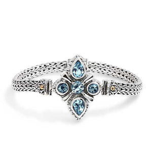 Silver & Gold Bracelet Blue Sky Topaz, Balinese Motif, Tulang Naga Chain 4x6 - Deni Jewelry