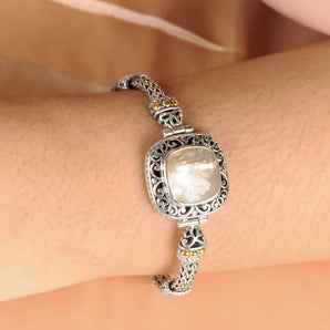 Gold & Silver Bracelet MOP Facet, Cushion 15mm, Tulang Naga Chain 3x5