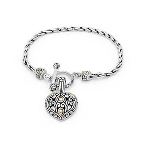Silver & Gold Bracelet Wheat Chain 3mm, Heart Pendant, Balinese Motif - Deni Jewelry