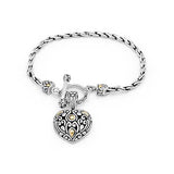 Silver & Gold Bracelet Wheat Chain 3mm, Heart Pendant, Balinese Motif - Deni Jewelry