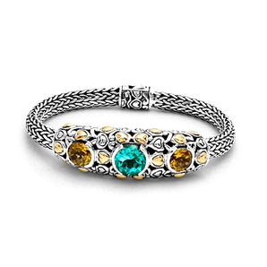 Gold Silver Bracelet Blue Topaz Citrine Quartz Handmade Bali Motif - Deni Jewelry