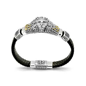 Gold & Silver Bracelet Lion Head, Leather 11mm - Deni Jewelry